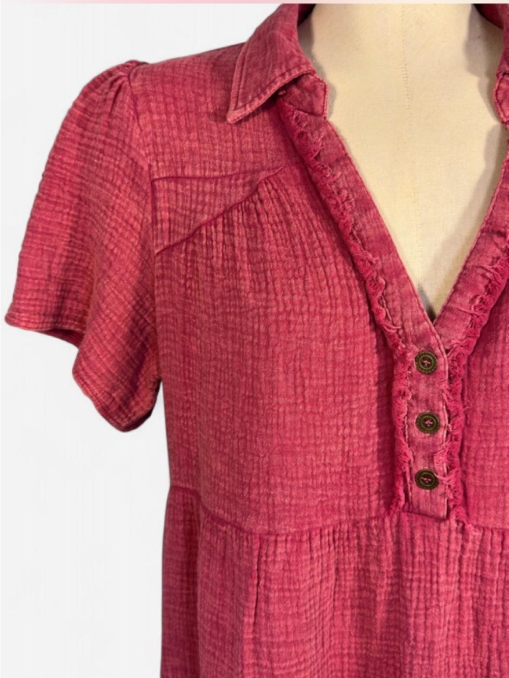 Ungee Cotton Gauze Tiered Babydoll Tunic Dress Fuchsia Boho Cottagecore Lg - Picture 3 of 8